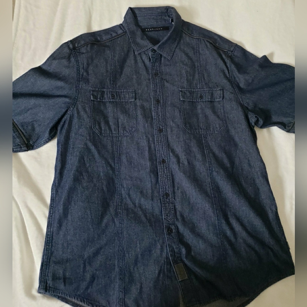 Sean John Button Does Jean Shirt Denim Blue XXL Short Sleeve